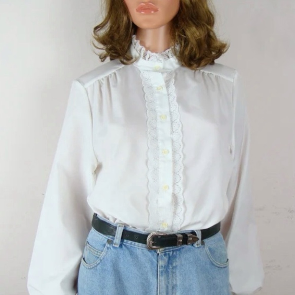 Vintage Ruffle Blouse 70s White Prairie Top 1970s Long Sleeve Romantic Large